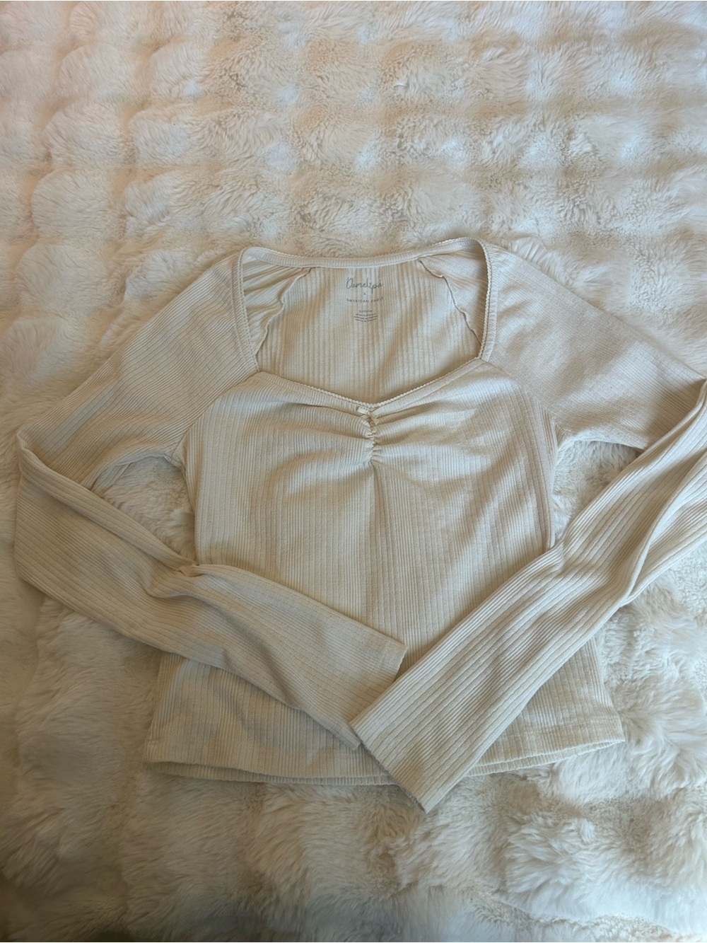 American Eagle Ribbed Cream Long-Sleeve Sweetheart Ruched Top
